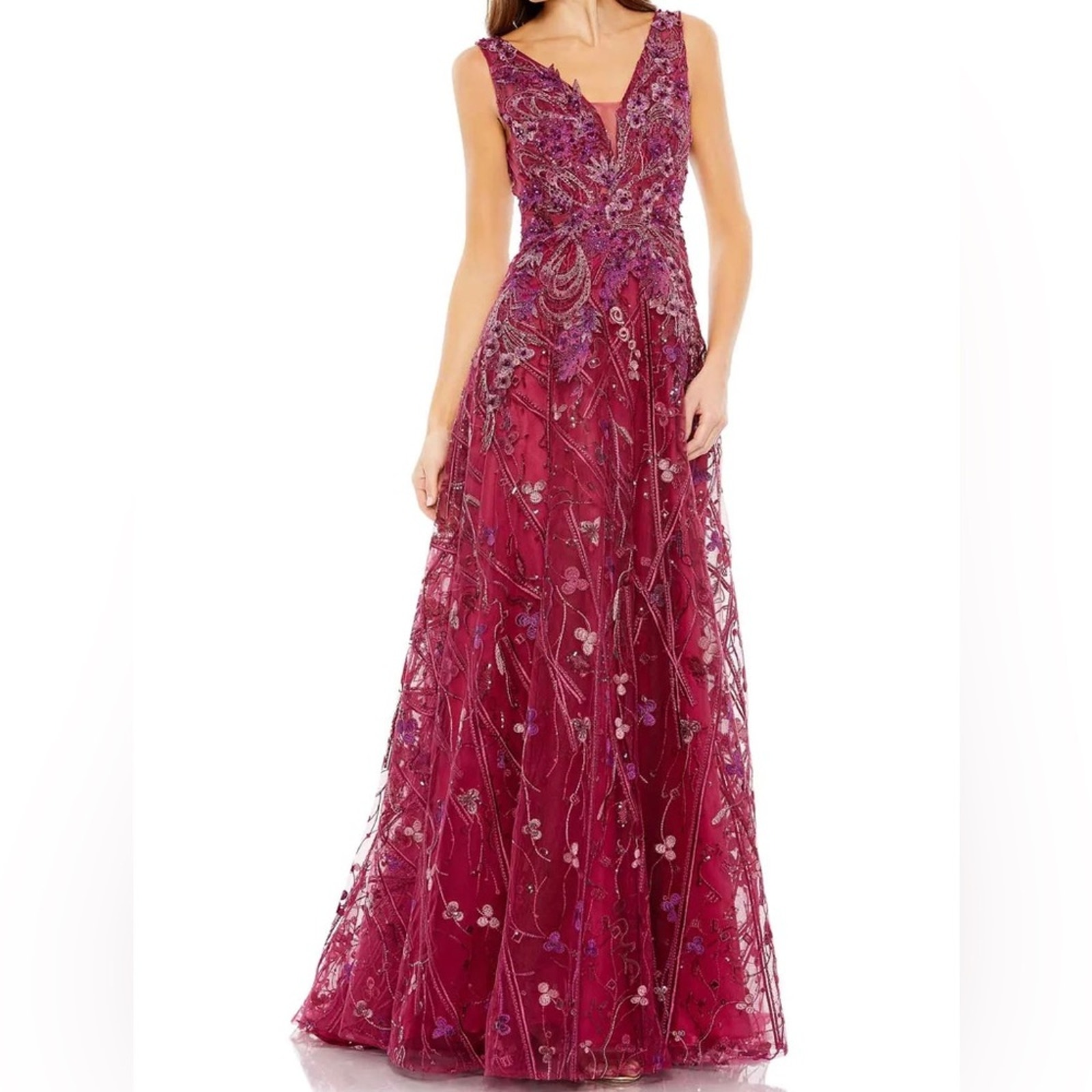 Ieena For Mac Duggal Embroidered Sleeveless Plunge Neck A-Line Gown Berry Sz 12